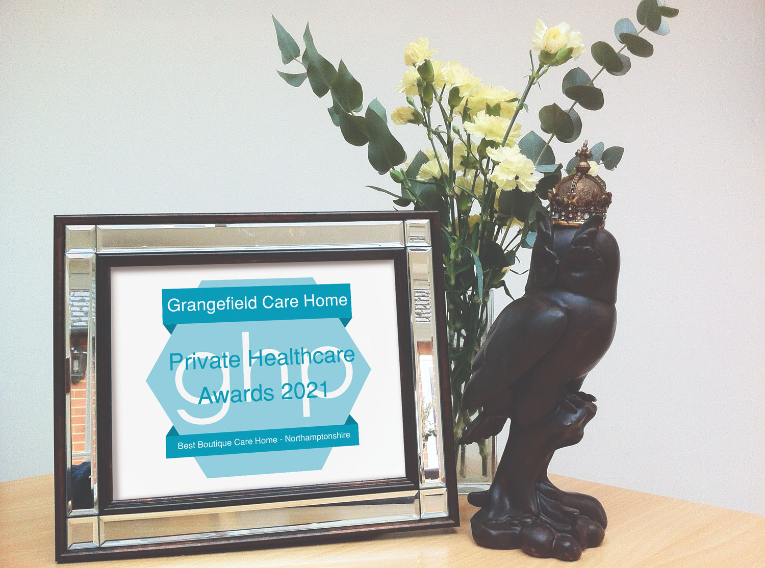 Social Care award certificate in frame next to statue.